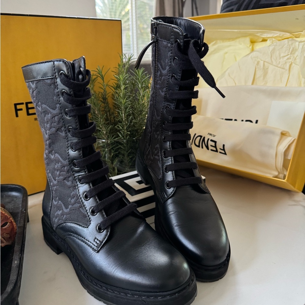 Authentic Fendi Black and Gray Lace-Up Combat Boots